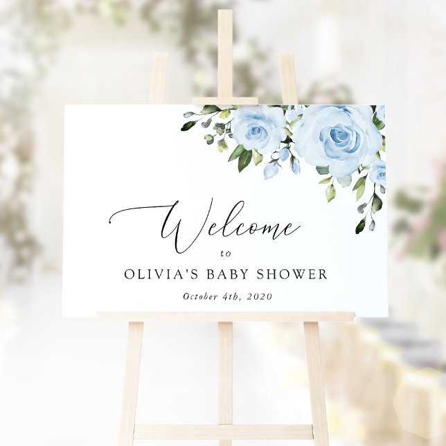 Dusty Blue Flowers, Greenery, Baby Shower Welcome Poster (Creator Uploaded)