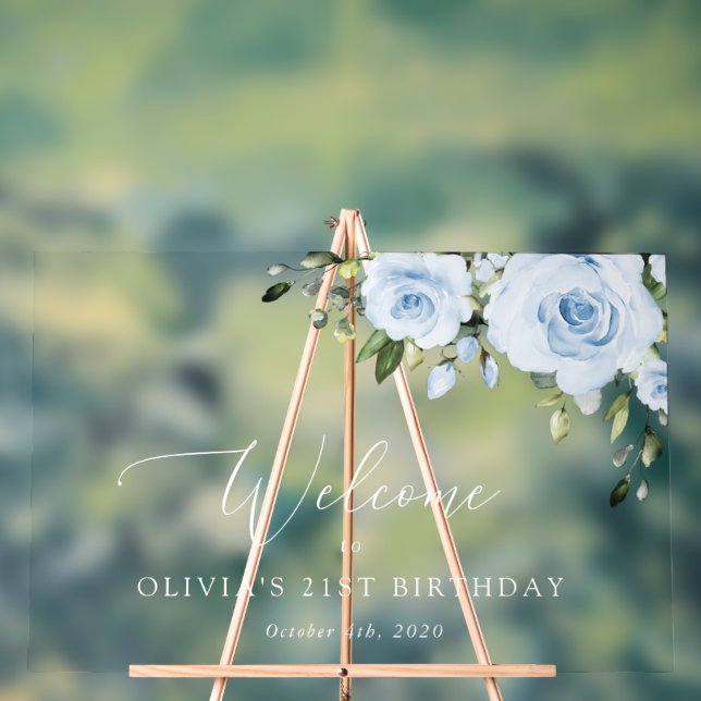 Dusty Blue Flowers, Greenery, Birthday Welcome Acrylic Sign (Neutral)