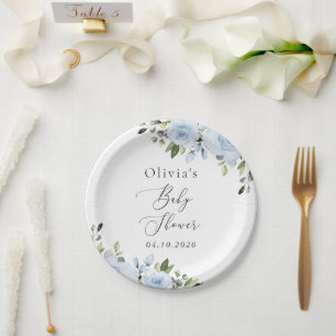 Dusty Blue Flowers, Greenery, Boho, Baby Shower Paper Plate