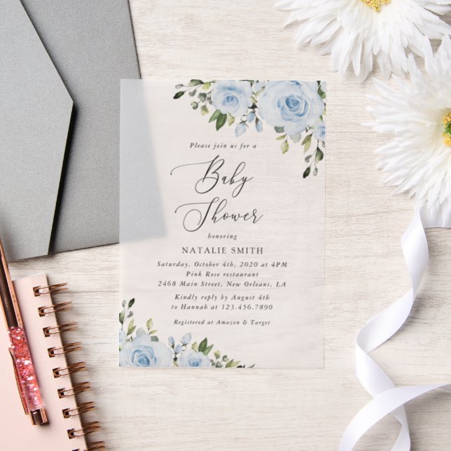 Dusty Blue Flowers, Greenery, Boho, Baby Shower Vellum Invitations (Wedding)