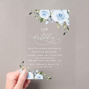 Dusty Blue Flowers, Greenery, Boho, Birthday Acrylic Invitations