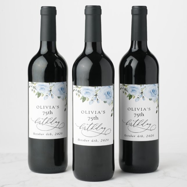 Dusty Blue Flowers, Greenery, Boho, Birthday Wine Label (Bottles)
