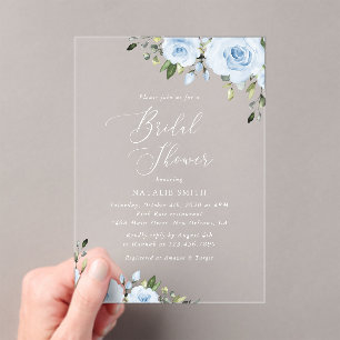 Dusty Blue Flowers, Greenery, Boho, Bridal Shower Acrylic Invitations