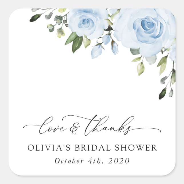 Dusty Blue Flowers, Greenery, Boho, Bridal Shower Square Sticker (Front)