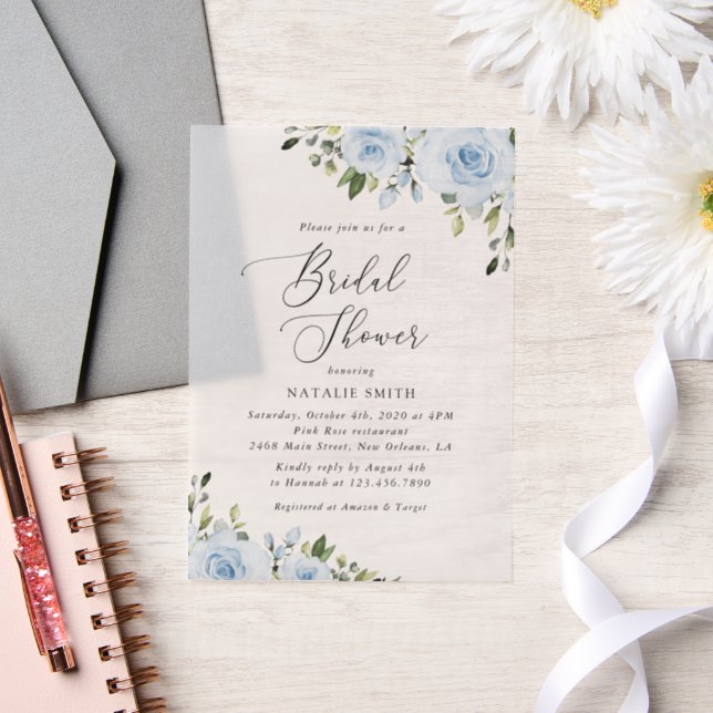 Dusty Blue Flowers, Greenery, Boho, Bridal Shower Vellum Invitations (Wedding)