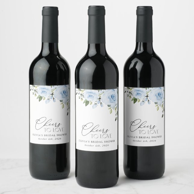 Dusty Blue Flowers, Greenery, Boho, Bridal Shower Wine Label (Bottles)