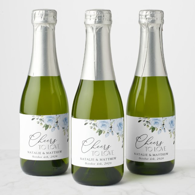 Dusty Blue Flowers, Greenery, Boho, Floral Wedding Sparkling Wine Label (Bottles)