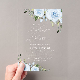 Dusty Blue Flowers, Greenery, Boho, Sweet 16 Acrylic Invitations