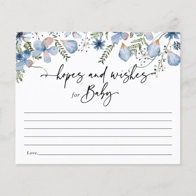 Dusty Blue Flowers Hopes & Wishes Baby Shower Card (Front)