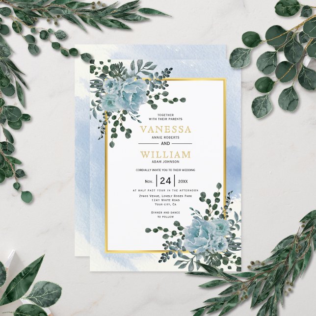 Dusty blue flowers, leaves floral winter wedding invitation (Creator Uploaded)