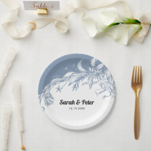 Dusty blue flowers modern typography wedding paper plate