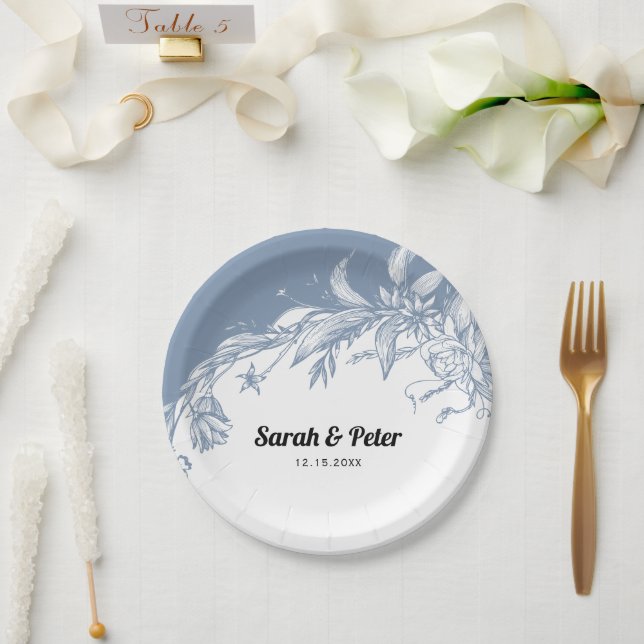 Dusty blue flowers modern typography wedding paper plate (Wedding)