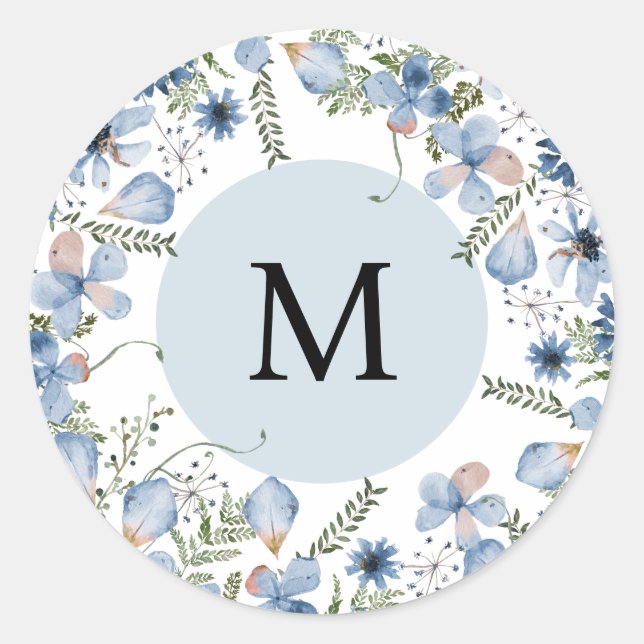 Dusty Blue Flowers Monogram Round Envelope Seal (Front)