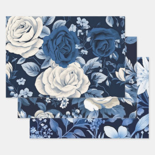 Dusty Blue Flowers Navy Wrapping Paper Sheet