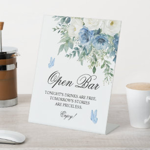 Dusty Blue Flowers Open Bar Sign