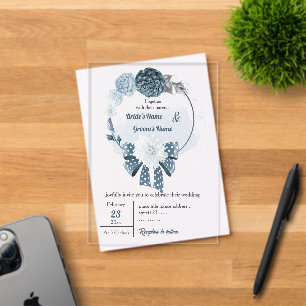 dusty blue flowers & ribbon floral wreath wedding acrylic invitations