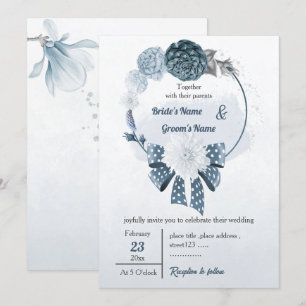 dusty blue flowers & ribbon floral wreath wedding invitation