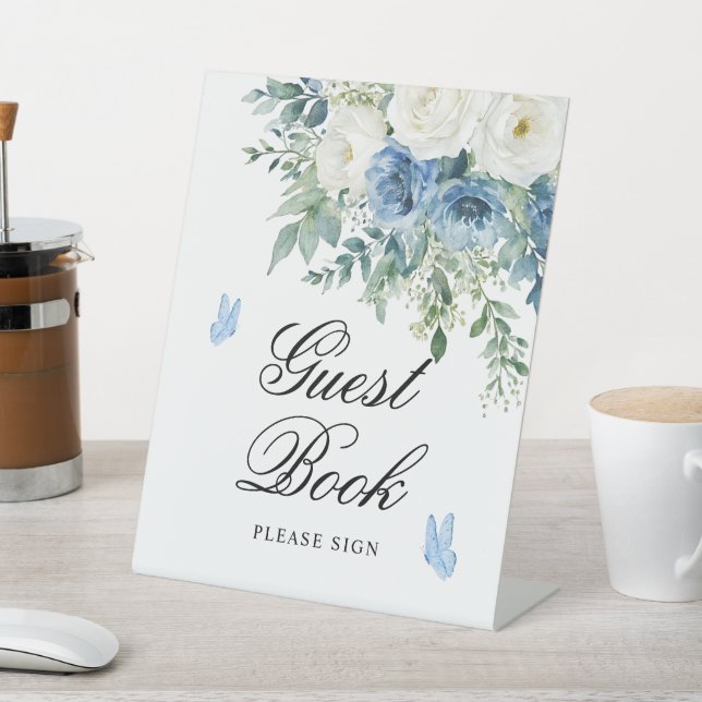 Dusty Blue Flowers Shower Guest Book Sign (In SItu)