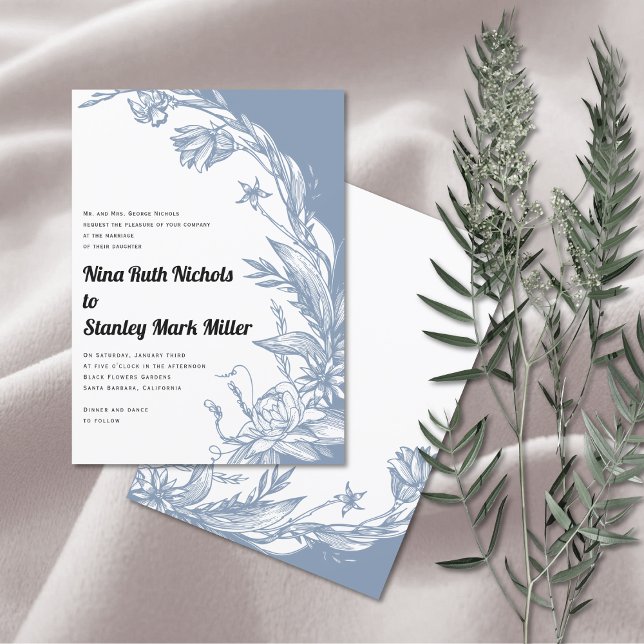 Dusty blue flowers typography floral wedding invitation (Creator Uploaded)