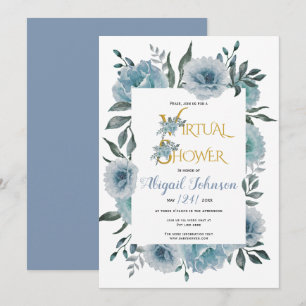 Dusty blue flowers virtual baby or bridal shower invitation