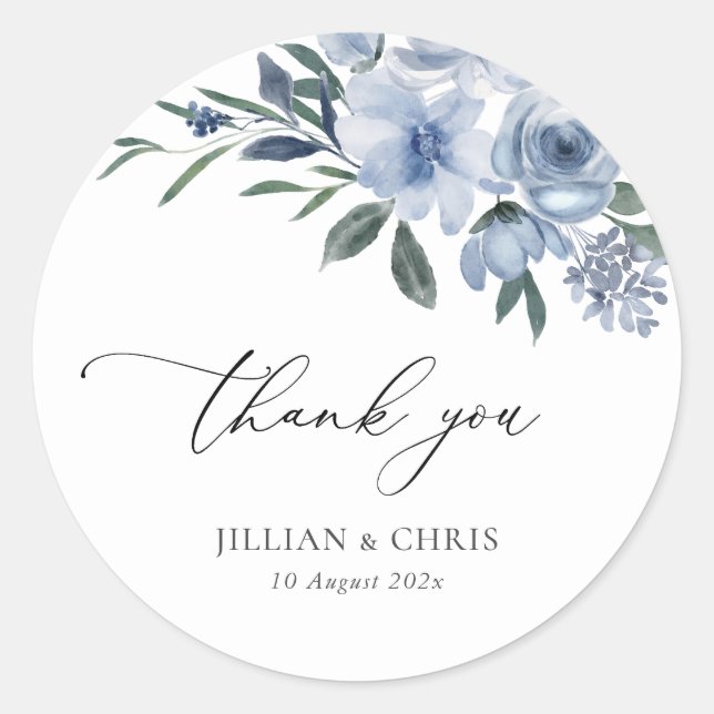 dusty blue flowers wedding classic round sticker (Front)