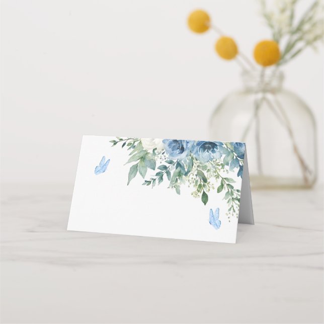Dusty Blue Flowers Wedding Place Card (Front)