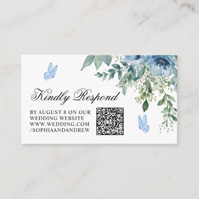 Dusty Blue Flowers Wedding QR Code RSVP Enclosure Card (Front)