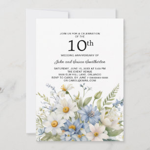 Dusty Blue Flowers White Daisies 10th Anniversary Invitation