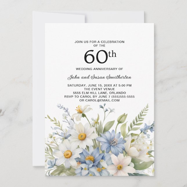 Dusty Blue Flowers White Daisies 60th Anniversary Invitation (Front)