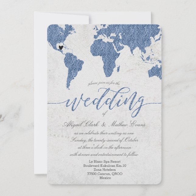 Dusty Blue Foil World Map Destination Wedding Invitation (Front)