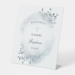 dusty blue foliage Catholic Baptism welcome sign