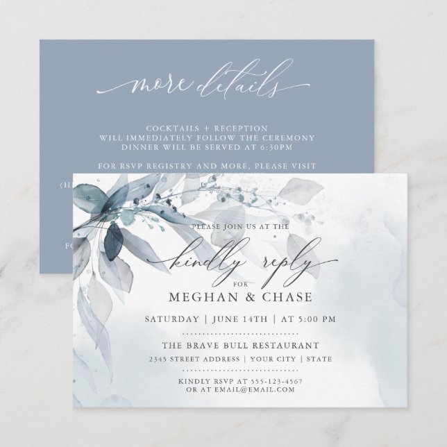 Dusty Blue Foliage CUSTOM RSVP DÉTAILS Invitation (Devant / Derrière)