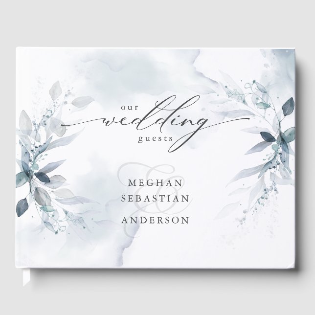 Dusty Blue Foliage Wedding Guest Book (Front)