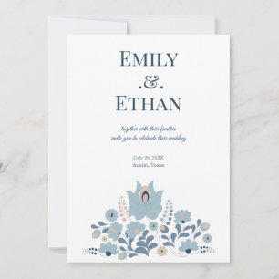 Dusty Blue Folk Floral Wedding Invitation