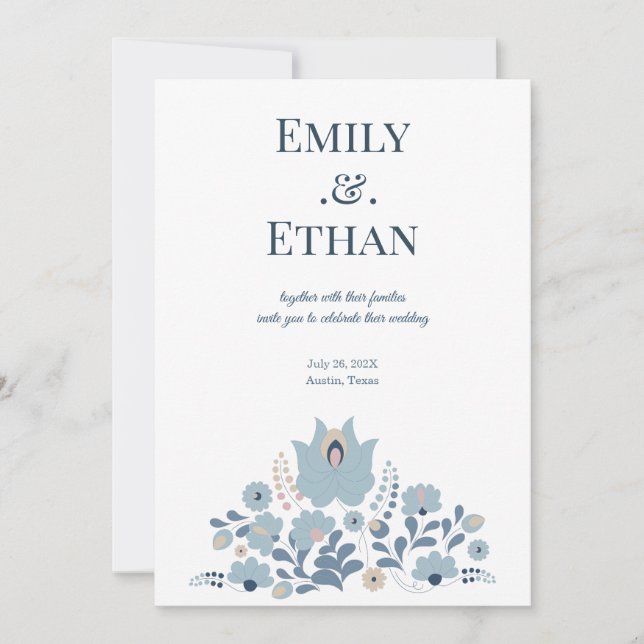 Dusty Blue Folk Floral Wedding Invitation (Front)