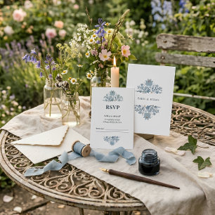 Dusty Blue Folk Floral Wedding RSVP Card