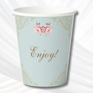 Dusty Blue Foral Rococo Peony Baby Shower Paper Cups