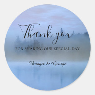 dusty blue forest landscape wedding classic round sticker