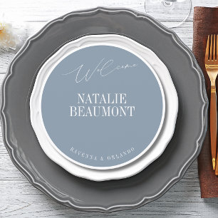 Dusty Blue Formal Round Wedding Guest Place Menu