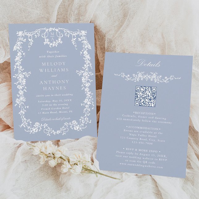Dusty Blue French Floral Wedding All in One  Invitation (Front & Back)