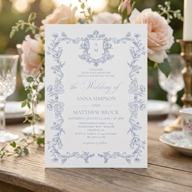 Dusty Blue French Floral Wedding  Invitation (Creator Uploaded)