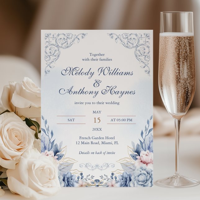 Dusty Blue French Garden Floral Wedding Invitation (Creator Uploaded)