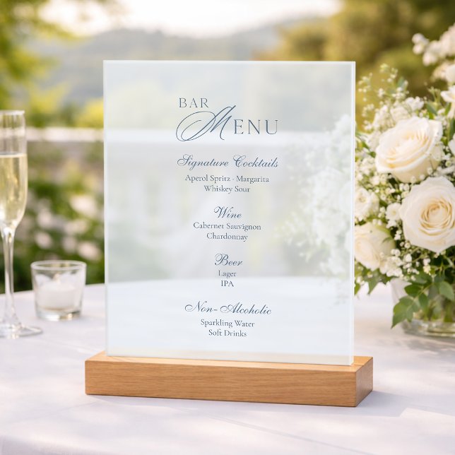 Dusty Blue Frosted Acrylic Wedding Bar Menu Sign (Créateur téléchargé)