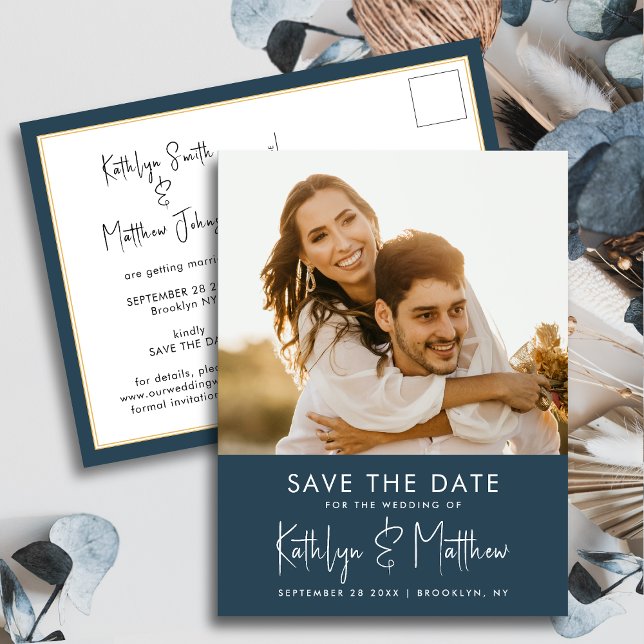 Dusty Blue Fun Script Modern Photo Wedding Save Th Announcement Postcard (Creator Uploaded)
