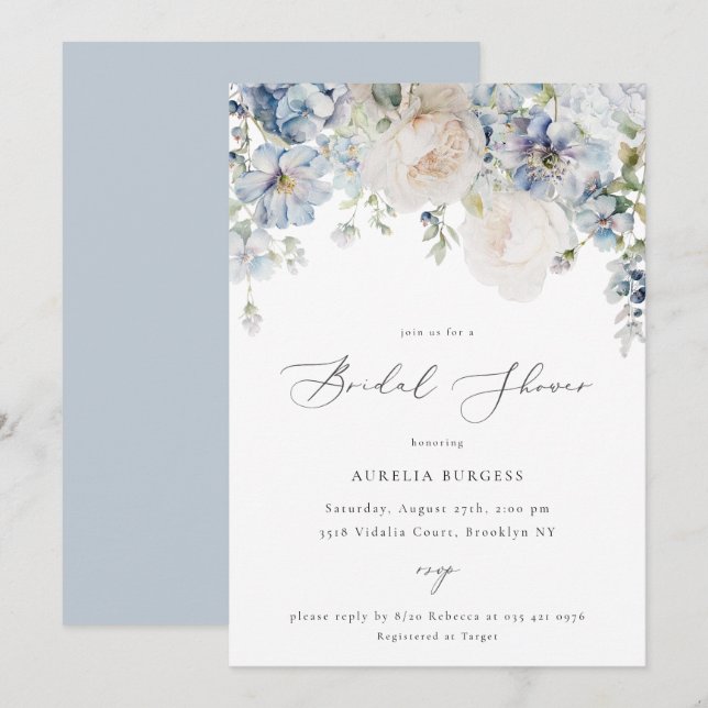 Dusty Blue Garden Floral Bridal Shower Invitation (Front/Back)
