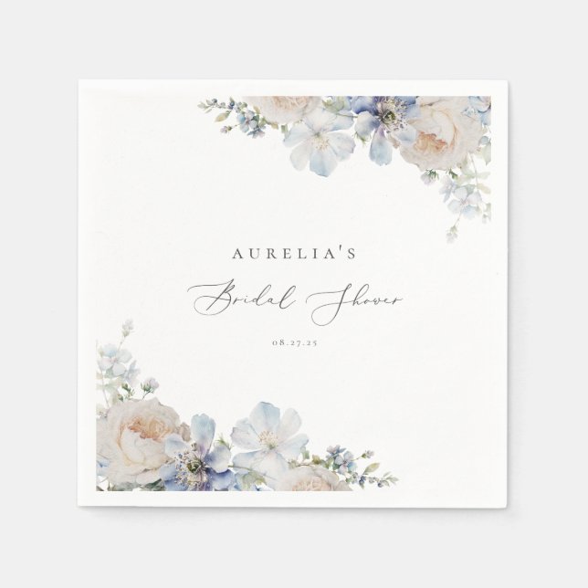 Dusty Blue Garden Floral Bridal Shower Napkin (Front)