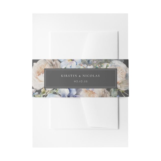 Dusty Blue Garden Floral Wedding Invitation Belly Band (Front Example)