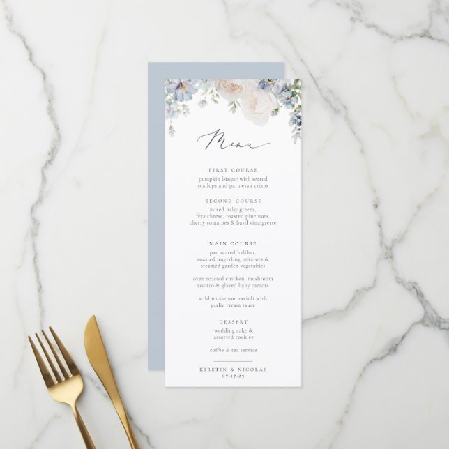 Dusty Blue Garden Floral Wedding Menu (Front/Back In Situ)