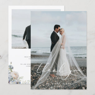 Dusty Blue Garden Floral Wedding Photo Thank You Card