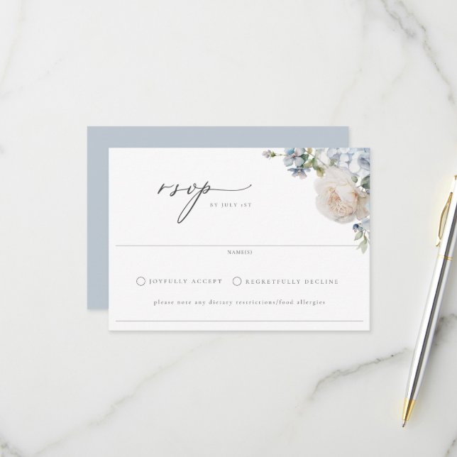 Dusty Blue Garden Floral Wedding RSVP Card (Front/Back In Situ)